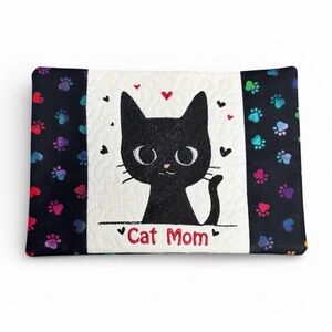 Hand Crafted Mug Rug Coaster Embroidered Cotton Fabric Cat Mom Black